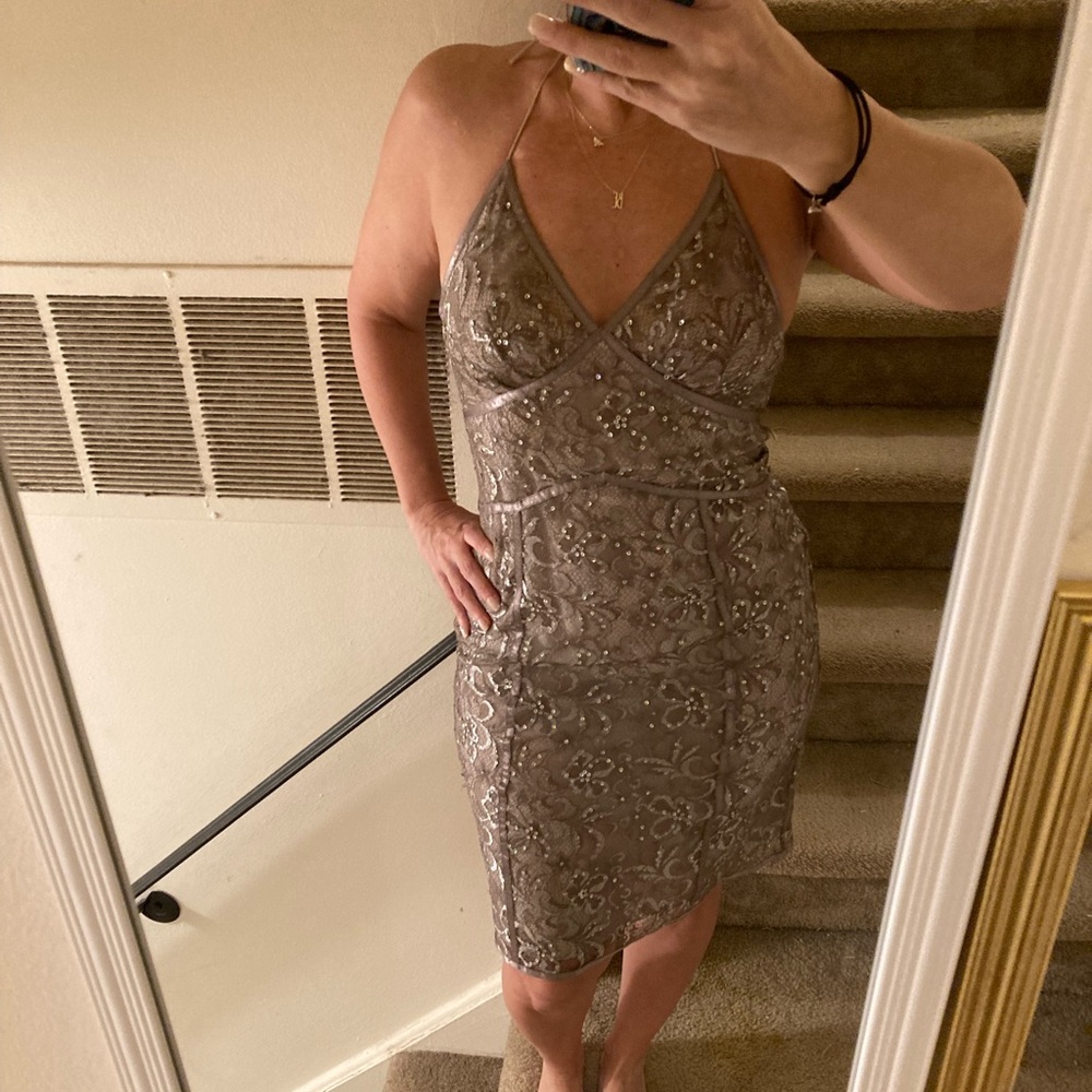 Express lace and sequin cocktail dress with satin ribbon detailing